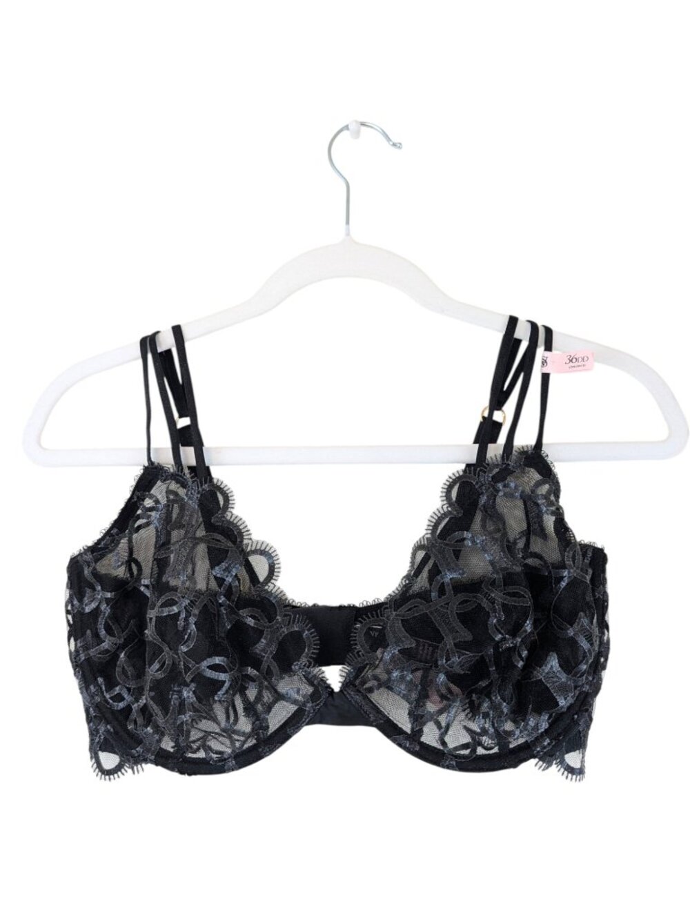 Victoria's Secret Black Bra Shimmer Hearts Lace Unlined Underwrire Size 36DD (E)